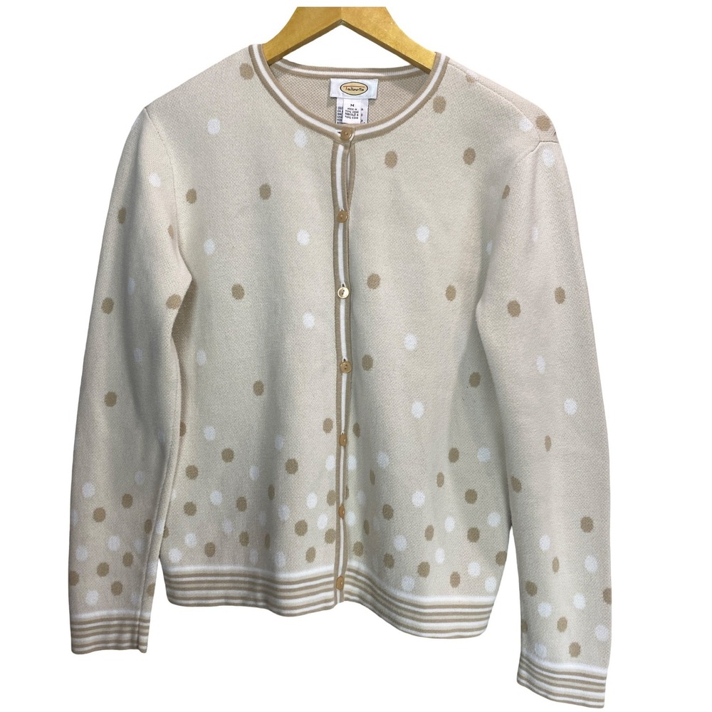 Talbots Size‎ M Polka Dot Cardigan Sweater Cream Tan 100% Cotton Button Front